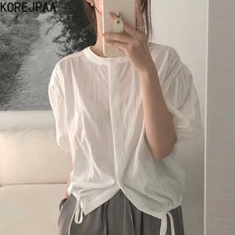 Korejpaa Women Shirt Summer Korean Chic Temperament Single-Breasted Drawstring Tie Design Solid Colour Puff Sleeve Blouses 210526