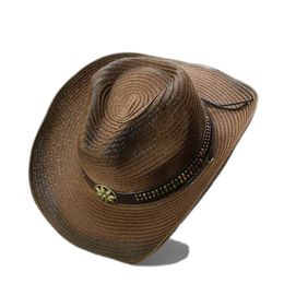 leather hats for men Australia - Stingy Brim Hats LUCKYLIANJI Vintage Chin Strap Floral Metal Leather Band Western Cowboy Panama Jazz Summer Straw Sun Hat For Women Men
