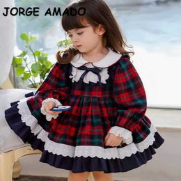 Spring Kids Girls Dress Whire Peter Pan Collar Plaid Lace Bow Party Lolita Style Clothes E006 210610