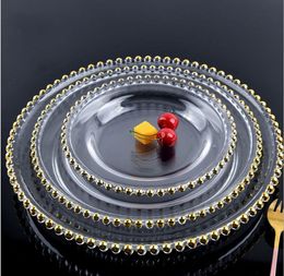 21cm round wedding clear Dishes & Plates golden glass beaded charger pates plate for table decoration