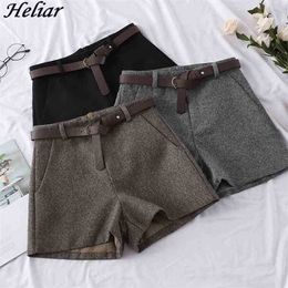 HELIAR Shorts Women Wide Leg Woolen Casual High Waist With Belts Elegant Wool For Autumn 210323