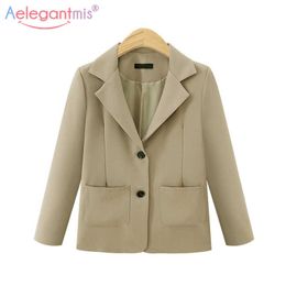 Aelegantmis Women Loose Casual Blazer Pocket Jacket Coat Notched Long Sleeve Office Lady Work Suit Female Blazers Outerwear 210607