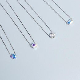 Pendant Necklaces 925 Sterling Silver Jewellery Korean Fashion Genuine Light Candy Square Star Crystal Clavicle Chain Female Necklace