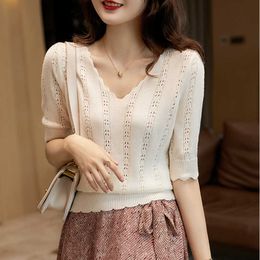 oversize basic thin women sweater short sleeve V neck sexy hollow out kint office summer sweaters pullover female jumper 210604