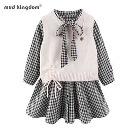 Mudkingdom Girls Dress Outfits Knit Sweater Vest Fashion Plaid Long Sleeve Lapel Ruffled Clothing Set 210615
