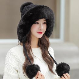 Berets HT3837 Women Winter Hat Thick Warm Fleece Lined Russian Earflap Cap Lady Knitted Three Fur Pompoms Skullies Beanies Ushanka