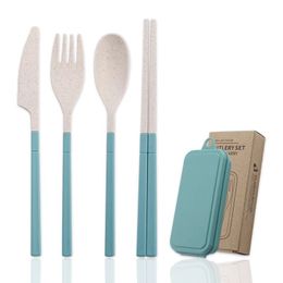 Wheat Straw Tableware Set Portable Folding Tablewares Cutlery Knife Fork Spoon Chopsticks Detachable With Storage Box