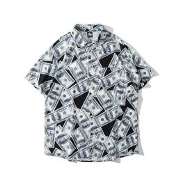 Men's Casual Shirts 2021 Summer US Dollar Full Printed Retro Button Up Shirt Men Hip Hop Short Sleeve Vintage Clothes Male Chemise Homme De