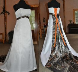 2021 New Vintage Camo Wedding Dress Sweetheart Lace Up Strapless Sleeveless Appliques A Line Satin Country Bridal Vestidos De Noiva