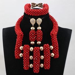 Earrings & Necklace Fashion Red Beads Bridal Jewellery Set Choker Bib For Women Dubai Gold WE009