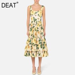 [DEAT] Square Collar Strap Skirt High Sleeveless Waist Slim Yellow Printed Mall Goth Maxi Dresses For Women Spring 210527