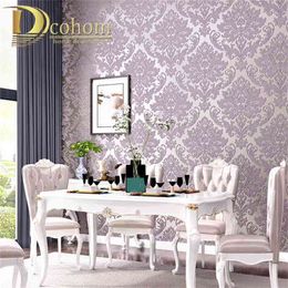 Grey Purple BrownWhite Embossed Damask Wallpaper Bedroom Living room Background Floral Pattern 3D Textured Wall Paper Home Decor 210722