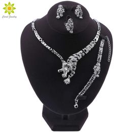 Leopard Panther Animal Jewellery Set Enamel Crystal Rhinestone Necklace Earrings Bracelet Ring Set For Women Party Jewellery H1022