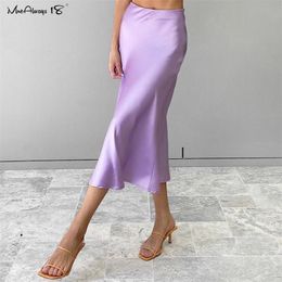 Mnealways18 Solid Purple Satin Silk Skirt Women High Waisted Summer Long Skirt New Elegant Ladies Office Skirts Midi Spring 210303