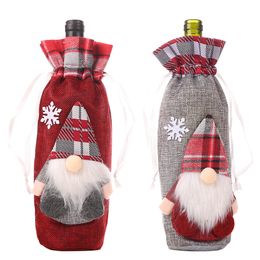 Christmas Wine Bottle Cover with Gnomes Buffalo Plaid Gift Bag Xmas Table Ornaments New Year Dinner Decor XBJK2109