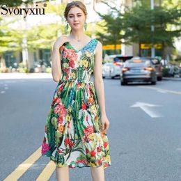 Svoryxiu Runway Designer Summer Sexy V-Neck Dress Women's Fashion Elastic Waist Cactus Flower Print Sleeveless Dress Vestdios