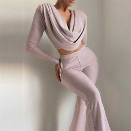 Glitter Draping Long Sleeve Top and Pants Two Piece Set Arrival Pink 2 PIece Set Women Autumn Sexy Club Party Outfits 211116