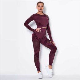 Women Sport Suit 2 Piece Fitness Tracksuit Set Gym Workout Clothes Long Sleeve Crop Top + High Waist Running Legging Fitness Set Y0625