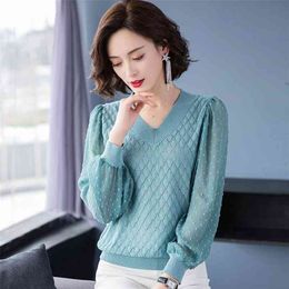 Elegant knitting V-Neck Lantern Sleeve Hollow out tops Women Fashion loose sexy sweater ladies Chic large size casual base 210914