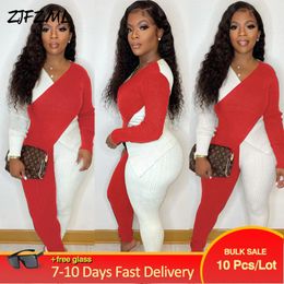 Women's Two Piece Pants Bulk Items Wholesale Lots Office Lady Knitted Suits Contrast Colour Spliced Full Sleeve Top & Bodycon Legging Loungew