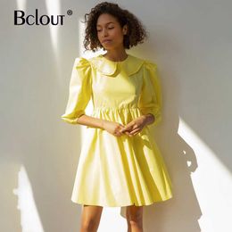 Bclout Sexy Yellow A-Line Bodycon Midi Dress Elegant Peter Pan Collar Robe Autumn Half Sleeve Ruffles Pleated Dresses Summer 210709