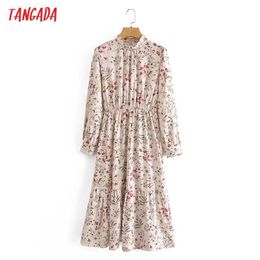 Tangada Fashion Women Flowers Print Elegant Dress Long Sleeve Office Ladies Midi Dress 3A78 210609