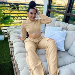 Women's Two Piece Pants WJFZQM Long Sleeve Hoodie Crop Top Baggy Suits Sporty Matching Sets Set Tracksuit Women Outfits Fall Streetwear