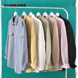 White Shirts Men Autumn Korean Fashion 100% Cotton Long Sleeved Casual Black Shirt Chest Pockets s Dress 210809
