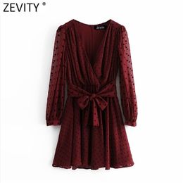 Zevity New Women Elegant Dots Flocking Casual Chiffon Mini Dress Female Pleats Puff Sleeve Bow Sashes Vestido Shirt Dress DS4815 210309