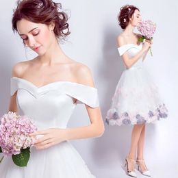 White Short prom Dresses 3D Floral Flowers A line Off Shoulders Satin Formal Party Prom Gowns Graduation Cocktail Dress