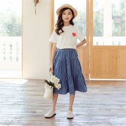 6 To 16 Years, Spring Summer Girls Skirt Denim Teenage Kids Clothes For Mommy and Me 100% Cotton Cover Knee Ruffles, #5952 220216