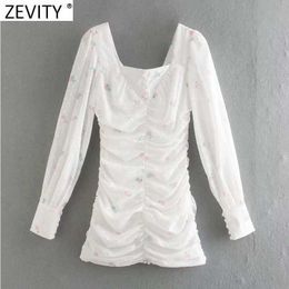 Zevity Women Sweet Floral Print Pleated Slim Hip Package Dress Prairie Chic Ladies Lantern Sleeve Back Zipper Vestido DS4971 210603