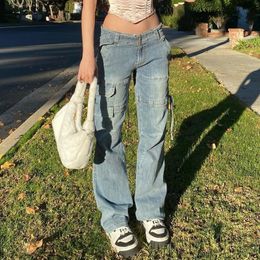 Y2K Low Rise Staright Cargo Jeans Wrap Belt Retro Denim Pants Ruched Drawstring Women Denim Trousers Street Indie Aesthetic Jean