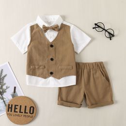 Infant Newborn Clothing Sets Short Sleeve Baby Boy Birthday Costume Outfit Fake Two Bow Shirt with Shorts