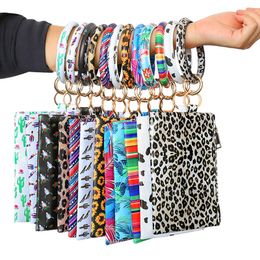 Multifunctional Favor Portable Leopard Printed PU Leather Key Ring Bracelet Wristlet Keychain Wallet Card Holder With Zipper Bags Bangle Keyring For Women