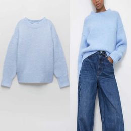 Za Sky Blue Ribbed Knit Sweater Women O Neck Long Sleeve Casual Winter Sweaters Top Woman Fashion Streetwear Pullover 210602