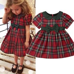 Baby Girls Christmas Tutu Dress Short Sleeve High Waist Bowknot Red Plaid Sundress Kids Princess Xmas Party Clothing 6M-4T 2021 G1026