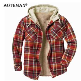 Winter Plaid Jacket Men Fleece Coat Windbreaker Hooded Warm Parkas Outdoor Outwear Overcoats Clothing Fashion LM9 211110