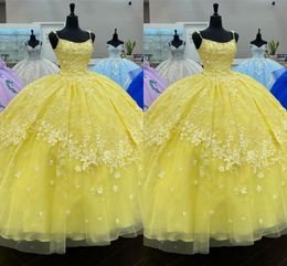 Charming Yellow Quinceanera Dresses Flowers 2021 Floral Lace Spaghetti Applique Straps Open Back Graduation Dress For High School Sweet 15