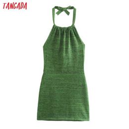 Tangada Women Green Knit Dress Sleeveless Backless Vintage Style Females Mini Dresses Vestidos AB43 210609