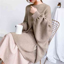 Mozuleva Lantern Sleeve Loose Solid Color Knitted Pullovers Autumn Winter Plus Size Clothes Women O-neck Casual Sweaters 210706