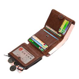 Wallet Man Genuine Leather Vintage RFID Anti Theft Fold Zipper Purse Male Business Card Holder