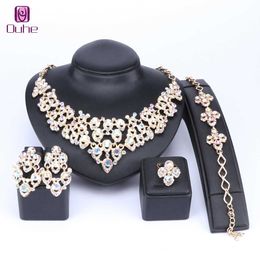 OUHE Luxury AB Color Crystal Bridal Jewelry Sets Dubai Gold Color Fashion Wedding Jewelry Necklace Bracelet Earrings Ring Sets H1022