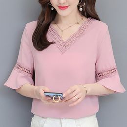 Summer Chiffon Blouse Shirt Women Pink Hollow Out V-neck Ladies Tops Causal Blusas Feminina Half Sleeve Womens Blouses Whitexxl xxxl