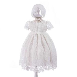 Baby Girl Christening Dress for borns Infant White Lace Dresses with Hat Children Birthday Outfit Toddler Baptism Clothes 210615