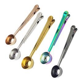 Stainless Steel Coffee Scoops Measuring Spoon With Sealing Clip Kitchen Baking Scale Seasoning Milk Powder Ice Cream Spoons 17.5CM