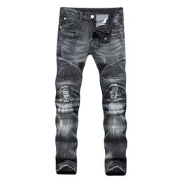 Trade Classic Retro Jeans Men Straight Slim Zipper Decoration light fold Skinny Denim pants Fashion Stretch Hip Hop Jogger Jeans 210622