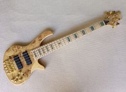 5 Strings Electric Bass Guitar with Burl Maple Veneer,Maple Fretboard,Abalone Inlay,Gold Hardware,Natural Wood Colour