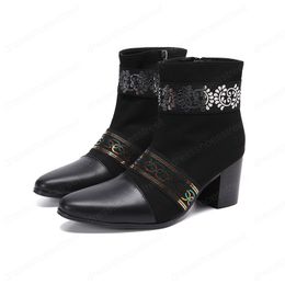 Plus Size Pointed Toe Mens Black Suede Leather Boots Print Sequins Male 7cm High Heels Ankle Boots Wedding Party Botas De Hombre