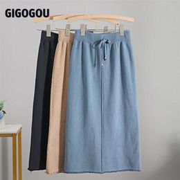 GIGOGOU Autumn Winter Knit Women Skirt Drawstring Midi Skirts Autumn Winter Long Maxi Bodycon Skirt Pencil Sweater Skirt 210310